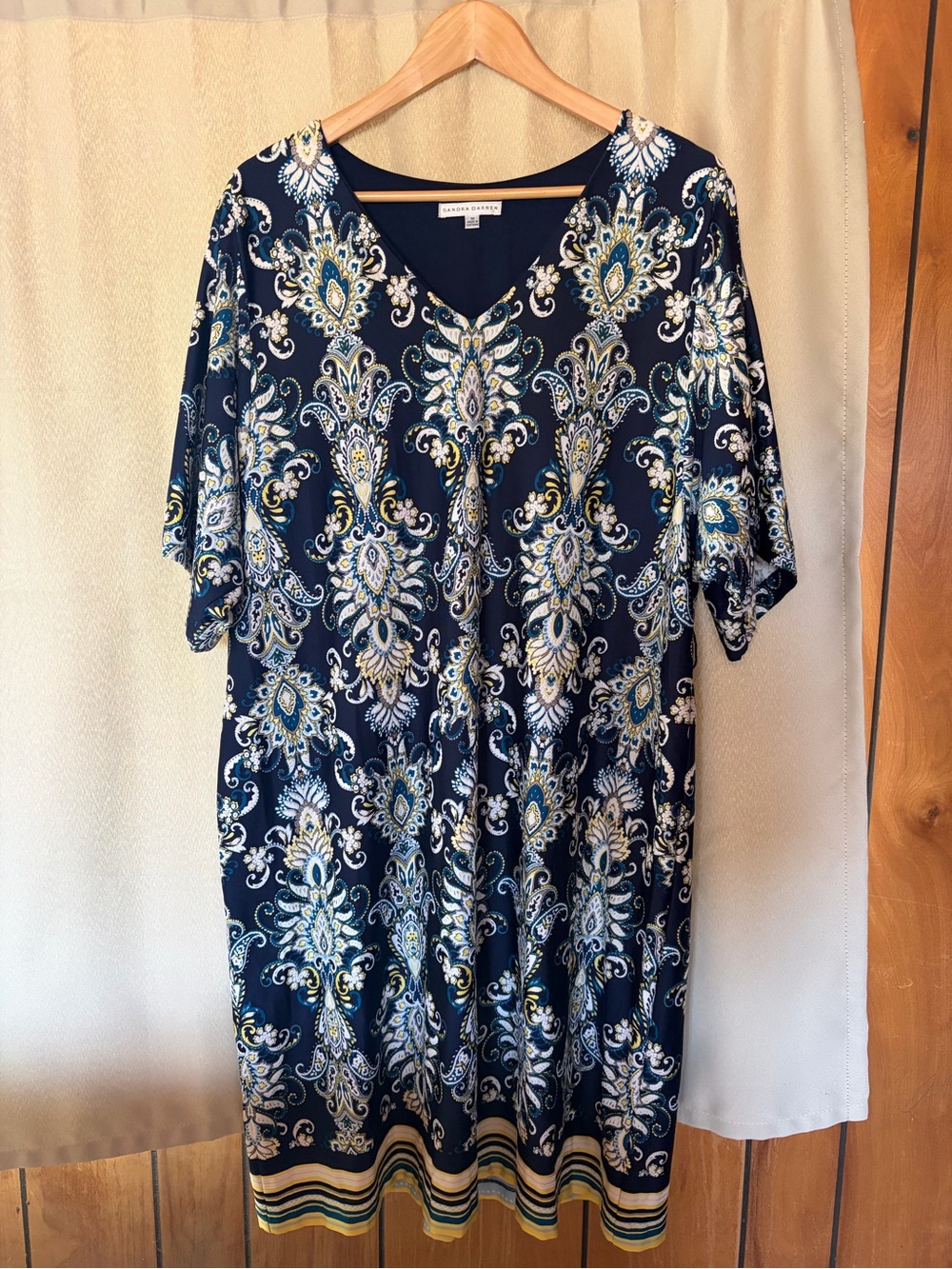 Sandra Darren Navy Paisley Midi Dress with Yellow and Cream Accents